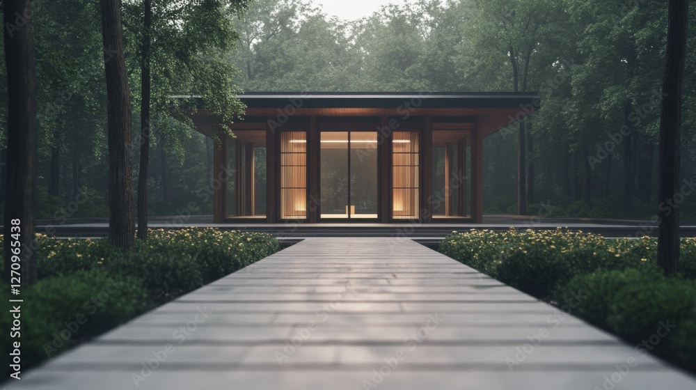 Modern Japanese Pavilion in Misty Forest Modern Japanese Pavilion in Misty Forest
