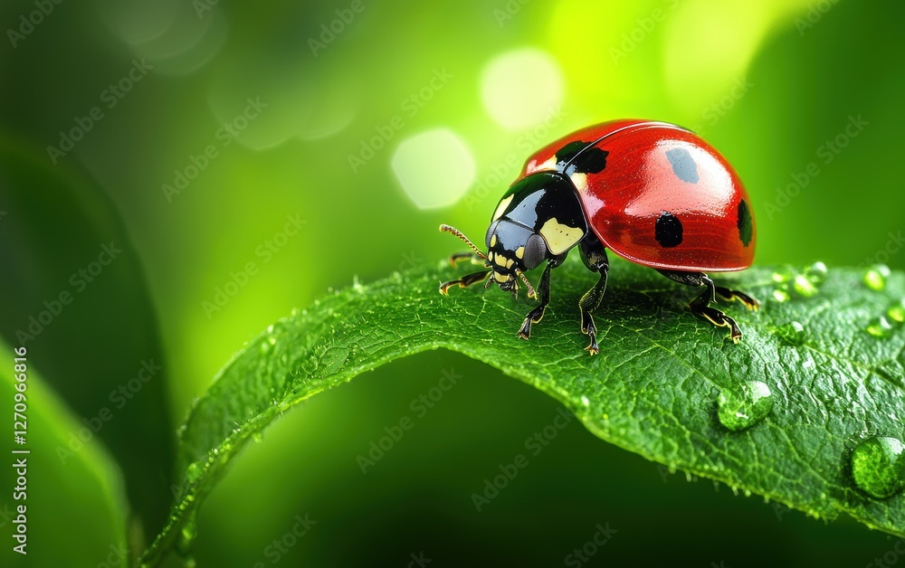 Fototapeta premium A vibrant ladybug crawling on a fresh green leaf