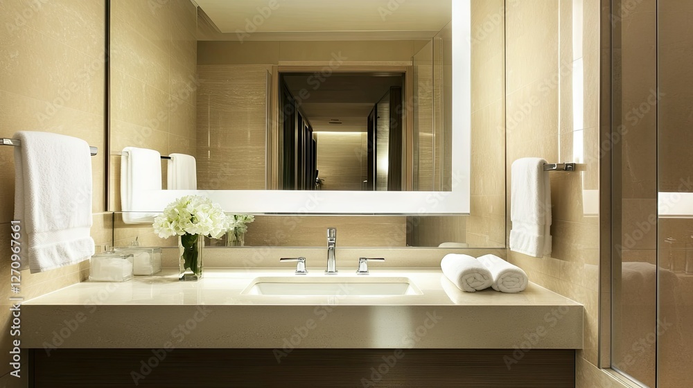 A modern bathroom with a sleek sink, backlit mirror, and soft neutral tones, offering a sophisticated look A modern bathroom with a sleek sink, backlit mirror, and soft neutral tones, offering a sophisticated look