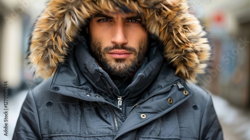 Parka: A cozy, insulated parka with a fur-lined hood, built to withstand cold weather, making it perfect for both rugged landscapes and urban winter days.
 photo