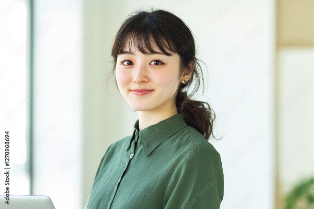 Young Japanese woman in a green shirt, smiling and standing in front of blurred office background. Young Japanese woman in a green shirt, smiling and standing in front of blurred office background.