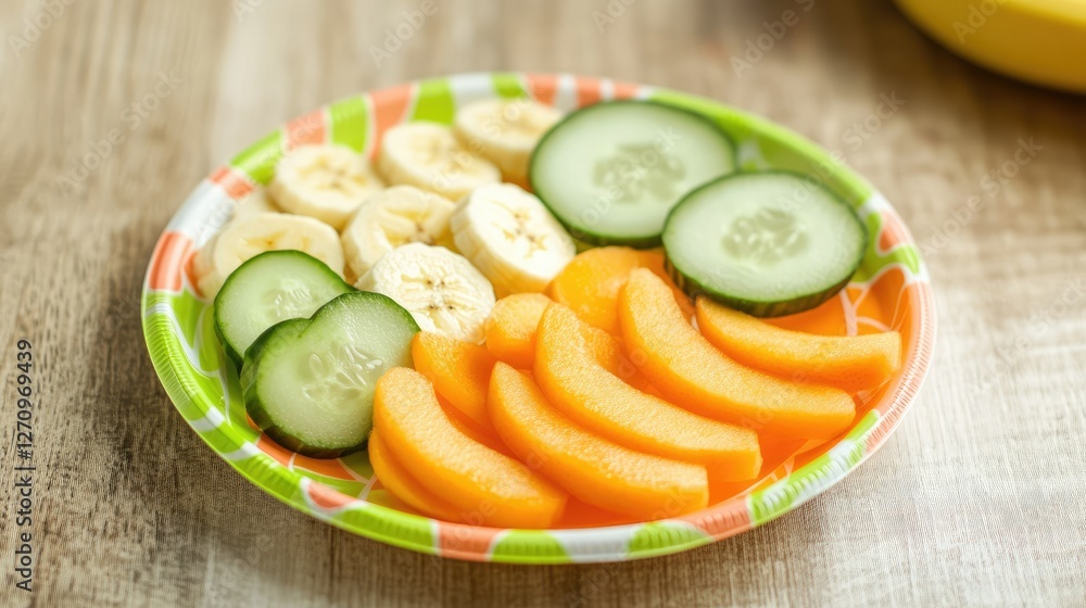 A plastic plate with a fun design, filled with slices of apple, banana, and cucumber, creating a colorful and appetizing meal for kids A plastic plate with a fun design, filled with slices of apple, banana, and cucumber, creating a colorful and appetizing meal for kids