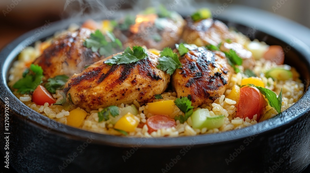 Grilled chicken served on a bed of rice with fresh vegetables and herbs. Grilled chicken served on a bed of rice with fresh vegetables and herbs.