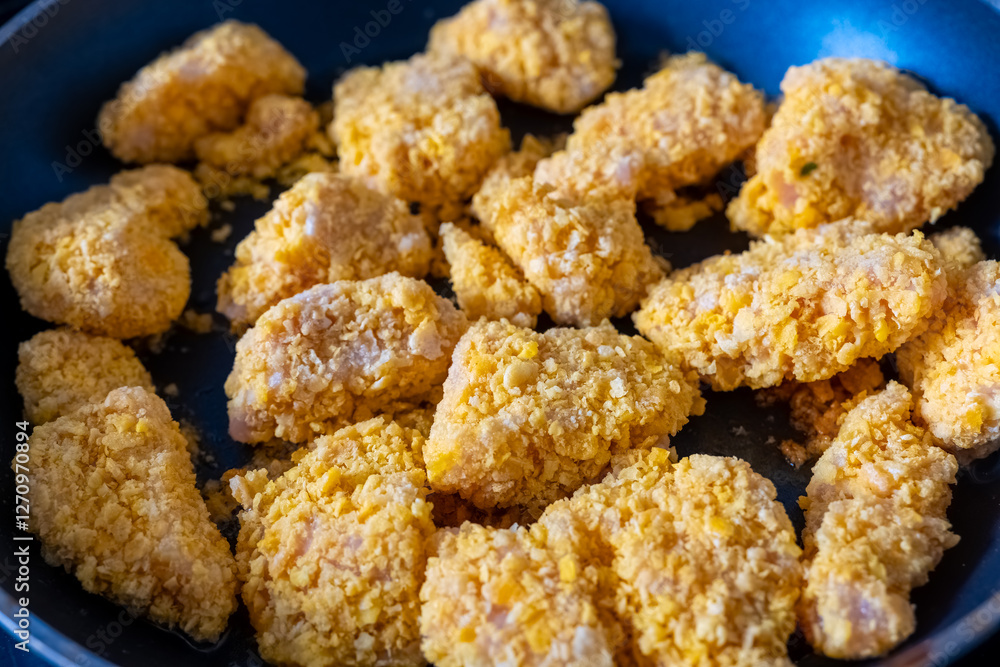 Crispy fried chicken pieces prepared with a crunchy coating in a skillet on a home kitchen stove Crispy fried chicken pieces prepared with a crunchy coating in a skillet on a home kitchen stove