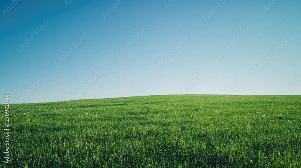 A serene landscape of expansive green grass with a few wildflowers growing, set against a clear, cloudless sky A serene landscape of expansive green grass with a few wildflowers growing, set against a clear, cloudless sky