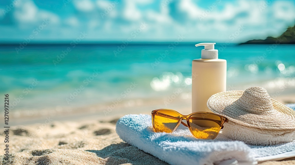 A set of sun protection essentials like sunscreen, sunglasses, and a towel on the beach, with a peaceful sea view in the background A set of sun protection essentials like sunscreen, sunglasses, and a towel on the beach, with a peaceful sea view in the background