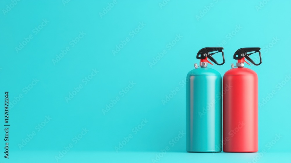 Obraz premium Colorful Fire Extinguishers on Bright Blue Background, Safety Equipment, Fire Protection Tools for Home or Office