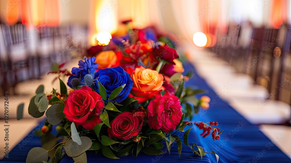 Obraz premium A vibrant red and blue wedding ceremony decor with roses, peonies