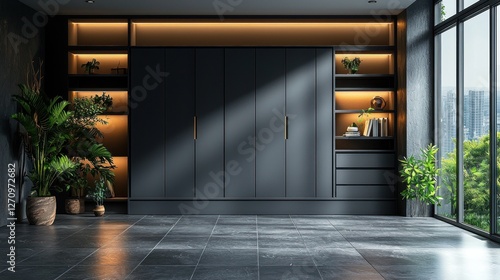 Wallpaper Mural Modern interior featuring a grey wardrobe in the hallway, complemented by empty shelves and drawers Torontodigital.ca