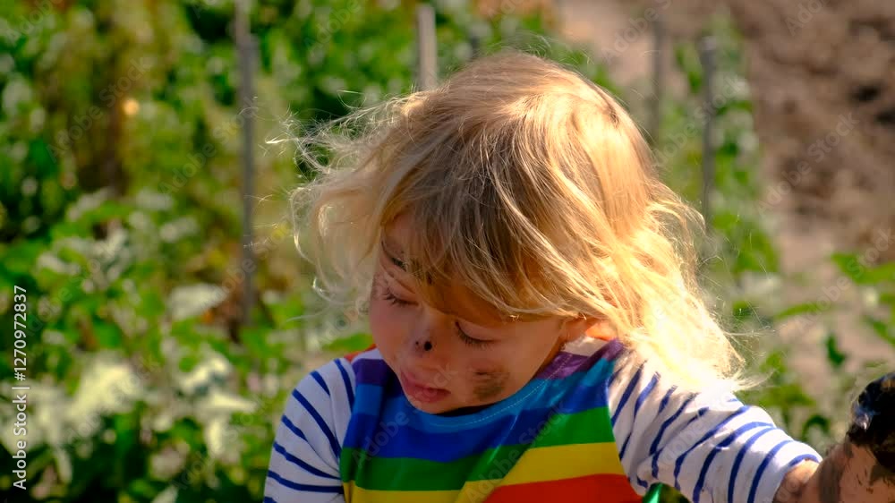 child dirty plays in mud. Selective focus. child dirty plays in mud. Selective focus.