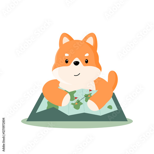 Shiba Inu sitting with a map: A Shiba Inu sitting down, looking at a travel map, preparing for a journey. This image conveys the idea of planning and mapping out a trip.