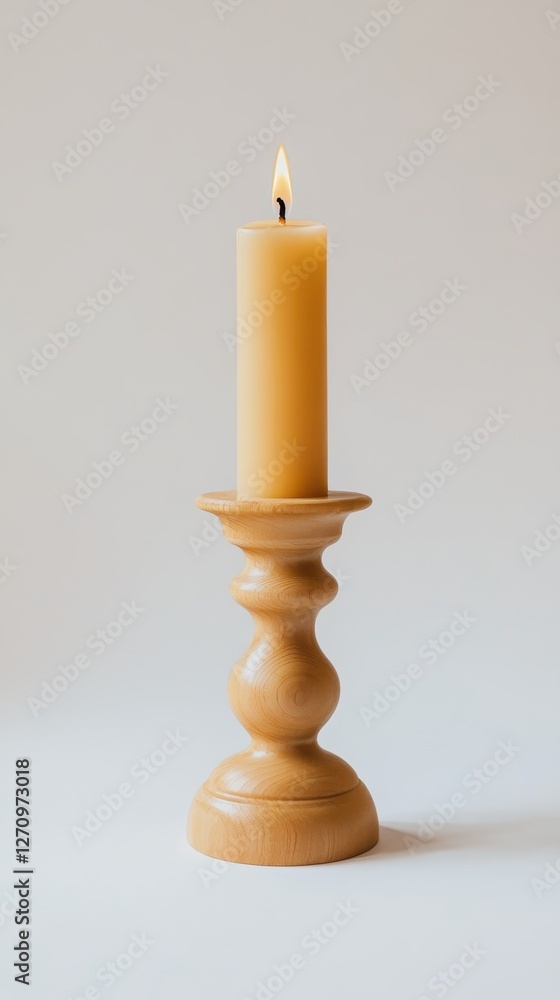 A single burning candle on a wooden candlestick against a minimalist background. A single burning candle on a wooden candlestick against a minimalist background.