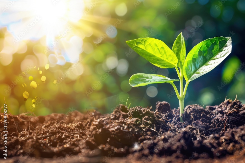 Fresh small tree growing in soil with sunshine background. Perfect concept for environmental protection, Tree Planting Day, personal growth, argricultural production, ecology balance. With copy space. Fresh small tree growing in soil with sunshine background. Perfect concept for environmental protection, Tree Planting Day, personal growth, argricultural production, ecology balance. With copy space.
