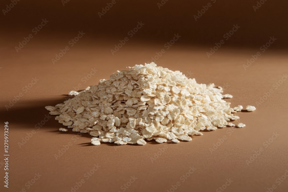 High-angle view of a pile of raw oatmeal flakes on a clean brown background
