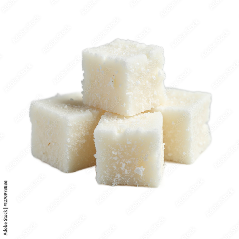 Four white sugar cubes with a slightly rough texture and small specks of sugar on their surfaces, arranged in a pyramid shape. The image is isolated against a transparent background. Four white sugar cubes with a slightly rough texture and small specks of sugar on their surfaces, arranged in a pyramid shape. The image is isolated against a transparent background.