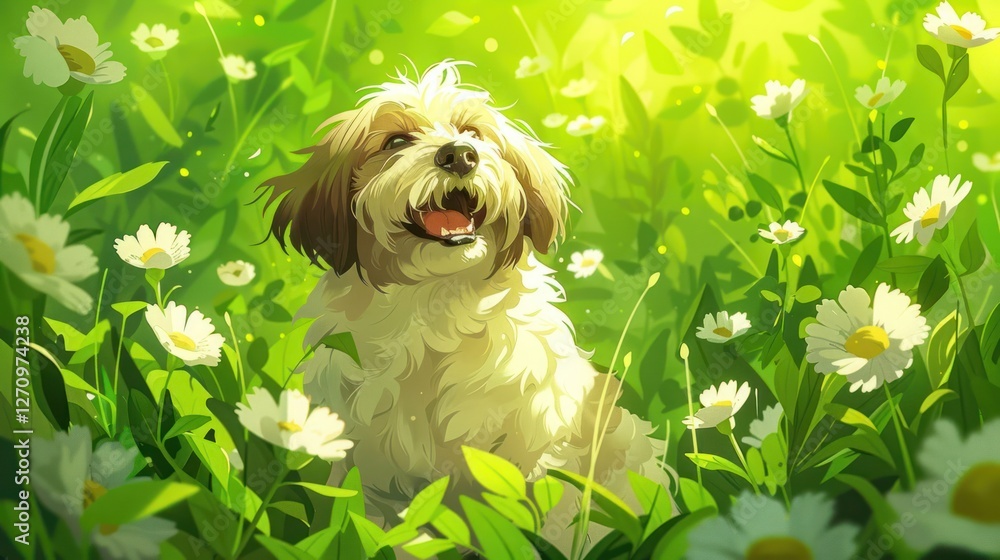 A cheerful dog sitting in a sunlit field of flowers, radiating joy and tranquility. A cheerful dog sitting in a sunlit field of flowers, radiating joy and tranquility.
