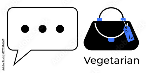 Speech bubble with three dots and handbag with price tag, labeled Vegetarian. Ideal for communication, shopping, marketing, fashion, environmental awareness, ethical consumerism branding. Abstract