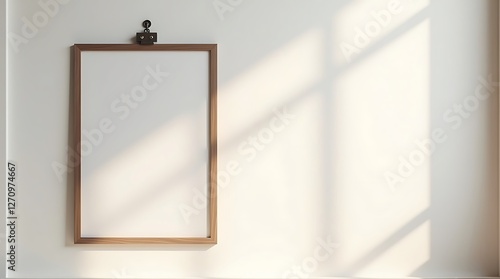 Empty Wooden Frame on a White Wall with Sunlight