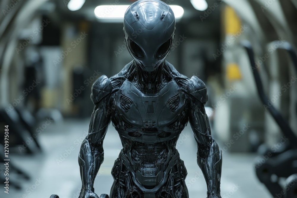 Futuristic humanoid robot stands in a high-tech gym with exercise equipment and ambient lighting at night Futuristic humanoid robot stands in a high-tech gym with exercise equipment and ambient lighting at night