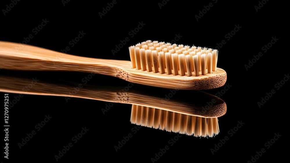 A bamboo toothbrush with bristles reflecting on a black surface. Concept Eco-Friendly Products, Sustainable Living, Bamboo Toothbrush Benefits, Oral Hygiene Innovation A bamboo toothbrush with bristles reflecting on a black surface. Concept Eco-Friendly Products, Sustainable Living, Bamboo Toothbrush Benefits, Oral Hygiene Innovation