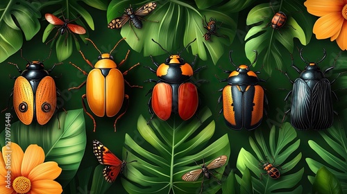 Colorful beetles on tropical leaves. Background of lush foliage. Stock photo for nature, insect, or wildlife theme photo