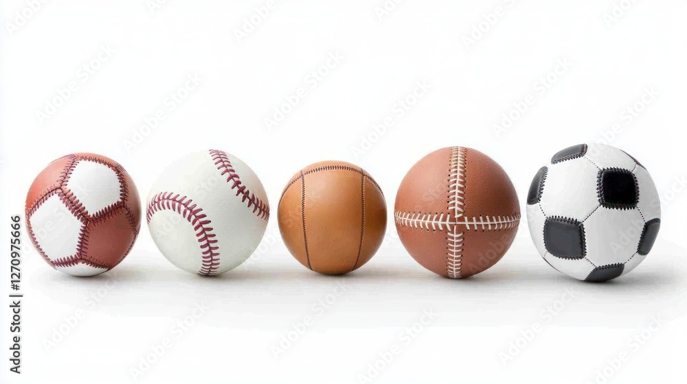 Five Different Sports Balls Arranged in a Row on White Background Five Different Sports Balls Arranged in a Row on White Background