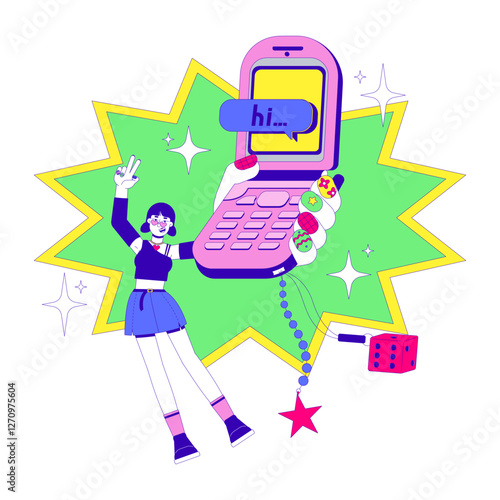 Retro flip phone and 2000s aesthetic 2D illustration concept. Hi text messaging. Girl celebrating bedazzled mobile with Y2K charms cartoon character isolated on white. Metaphor flat vector graphic