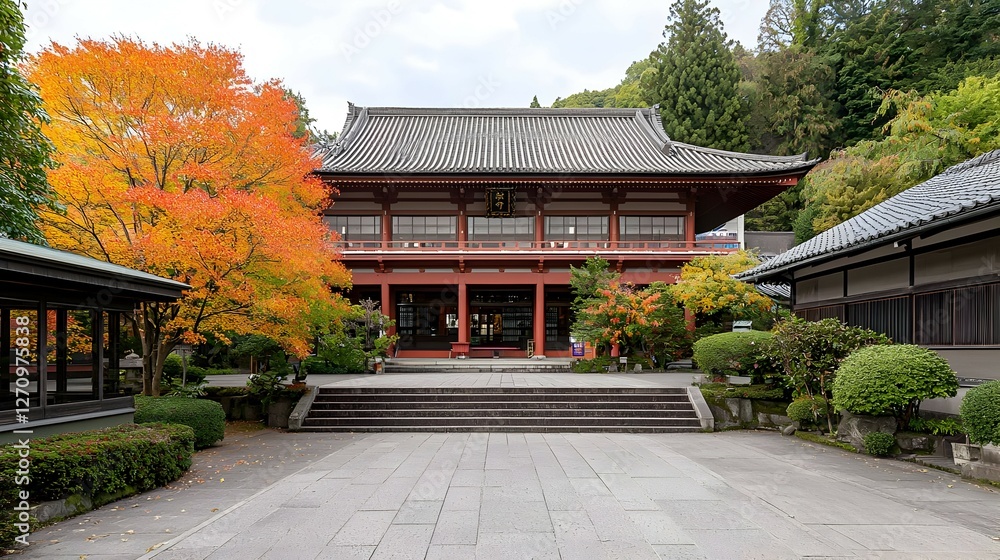 Autumnal Japanese Temple with Red and Orange Leaves Autumnal Japanese Temple with Red and Orange Leaves