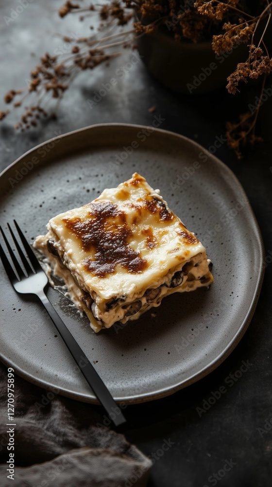 A portion of Asian-inspired lasagna with shiitake mushrooms, and creamy teriyaki-infused sauce, with a golden crust. Styled on a speckled ceramic plate with a matte black fork. Perfect for restaurant A portion of Asian-inspired lasagna with shiitake mushrooms, and creamy teriyaki-infused sauce, with a golden crust. Styled on a speckled ceramic plate with a matte black fork. Perfect for restaurant