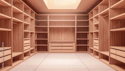 Simple yet elegant interior of a wardrobe with minimalist wooden furniture, perfect for modern homes