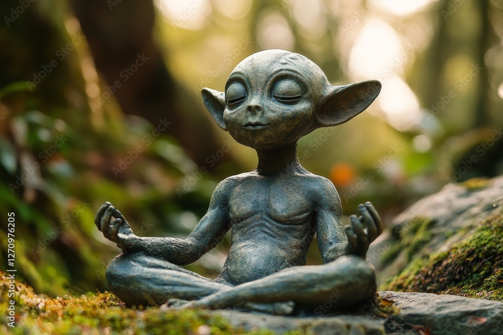 Obraz premium Small bronze figure of a peaceful creature meditating in a lush forest during golden hour