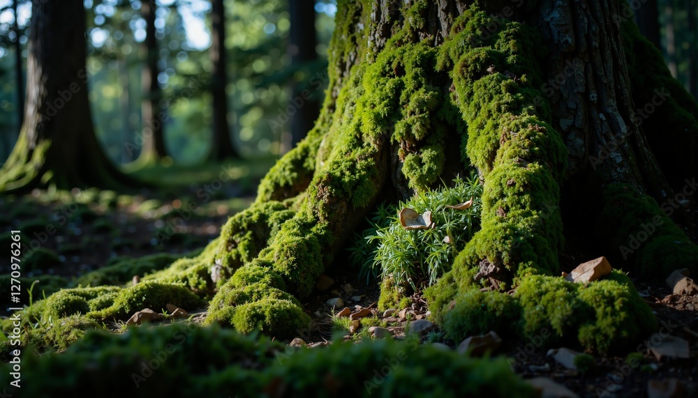 Fototapeta premium A serene forest scene where a blanket of vibrant green moss covers the forest floor, surrounding a large tree stump