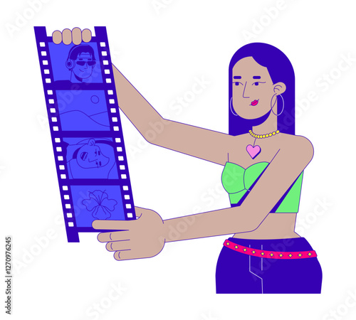 Y2k girl holding photo strip 2D illustration concept. Nostalgic memories. Middle eastern woman photographer filmstrip cartoon character isolated on white. Metaphor abstract flat vector graphic
