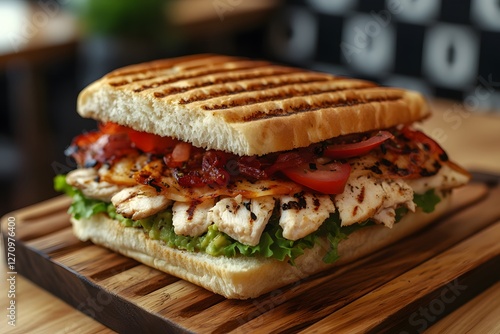 Grilled Chicken Panini with Fresh Vegetables on Wooden Board for Gourmet Dining and Food Photography