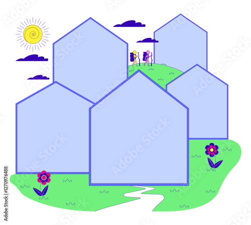 Whimsical landscape with blank houses frames and hikers 2D illustration concept. Village town. Homes neighbourhood cartoon composition isolated on white. Metaphor abstract flat vector graphic