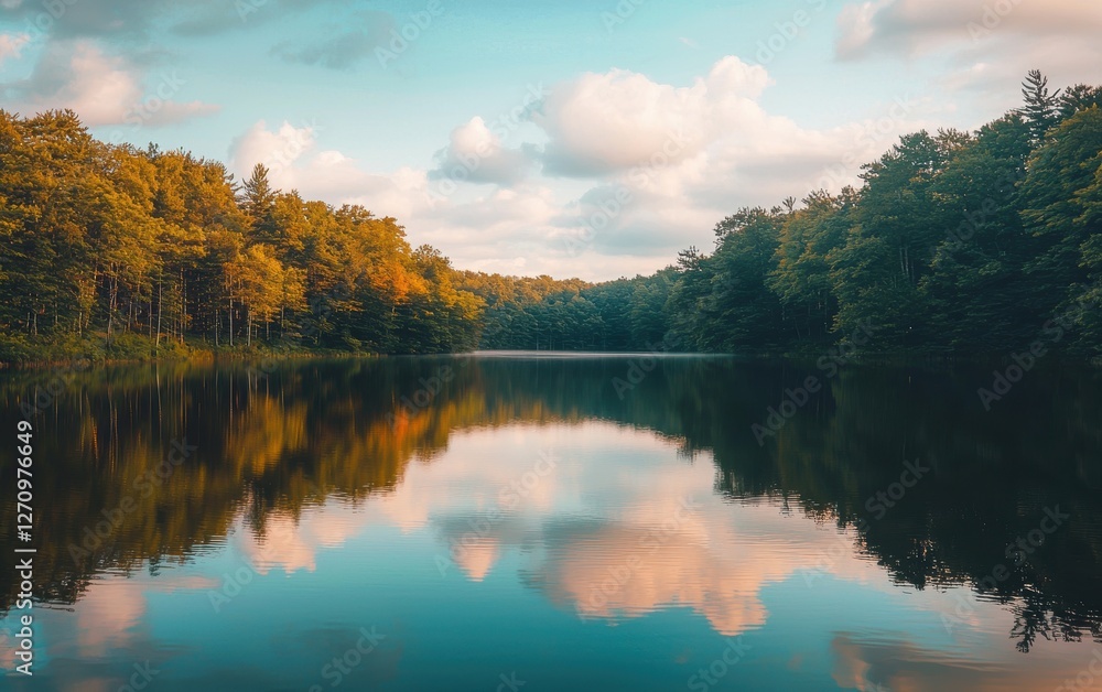 Obraz premium Peaceful lakeside scene with calm water reflecting the sky and trees