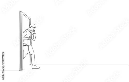 Continuous one line drawing of dismissed employee walking out of office door with box of belongings, being laid off from work concept, single line art