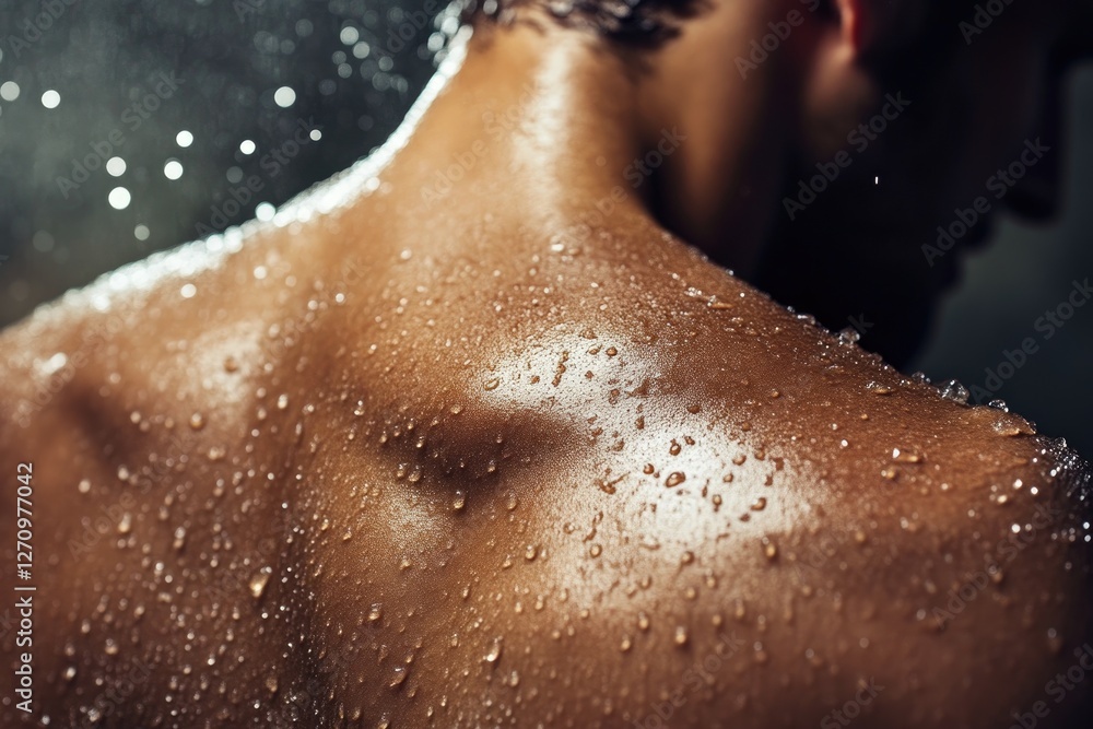 Man showering, showing smooth skin close-up Man showering, showing smooth skin close-up