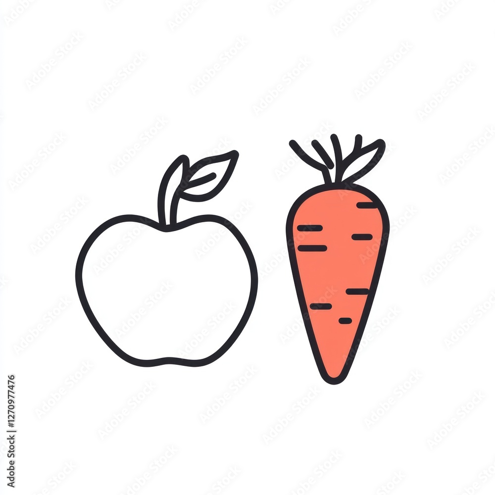 Fototapeta premium Apple and carrot illustration, healthy eating concept, white background, website design