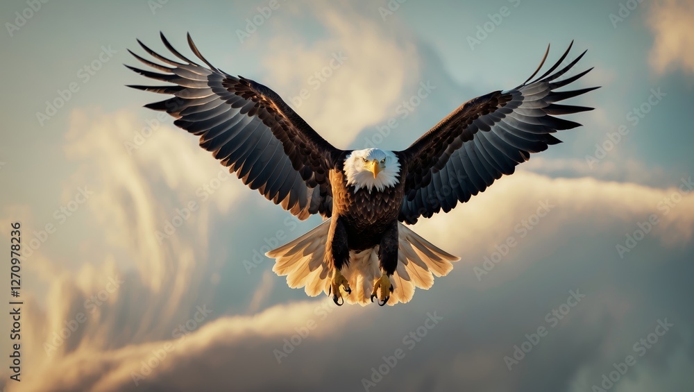 Obraz premium Majestic bald eagle soaring against a backdrop of clouds during golden hour