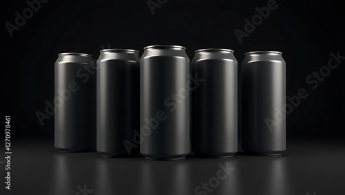 Five Sleek Black Aluminum Cans on a Dark Background, Minimalist Product Display