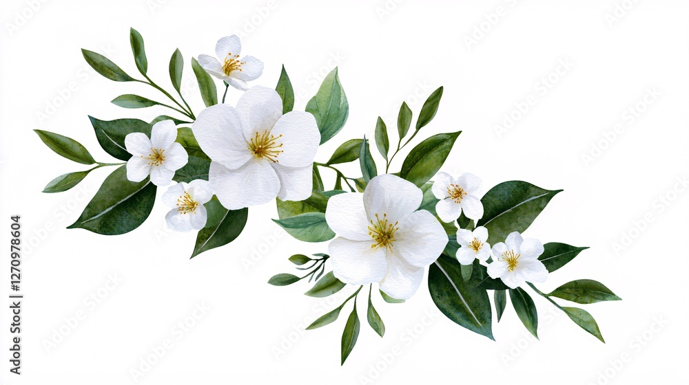 Fototapeta premium Spring Awakening nature renewal concept. A delicate arrangement of white flowers and green leaves, perfect for floral designs, invitations, or nature-themed projects.