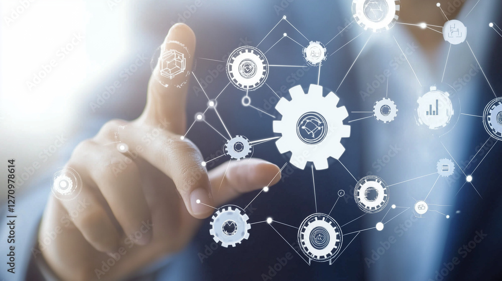 Automation of business or robotic process RPA technology. Transfer of data between application. Businessman touching gears icon on network connection Automation of business or robotic process RPA technology. Transfer of data between application. Businessman touching gears icon on network connection