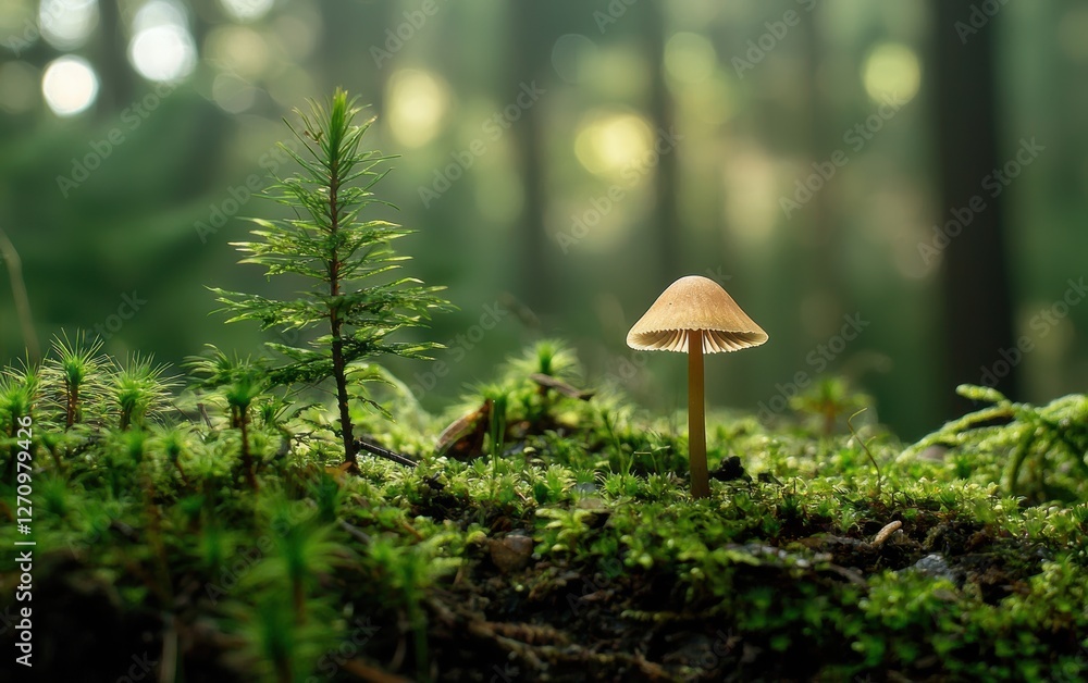 Fototapeta premium Tiny mushroom growing on moss-covered ground