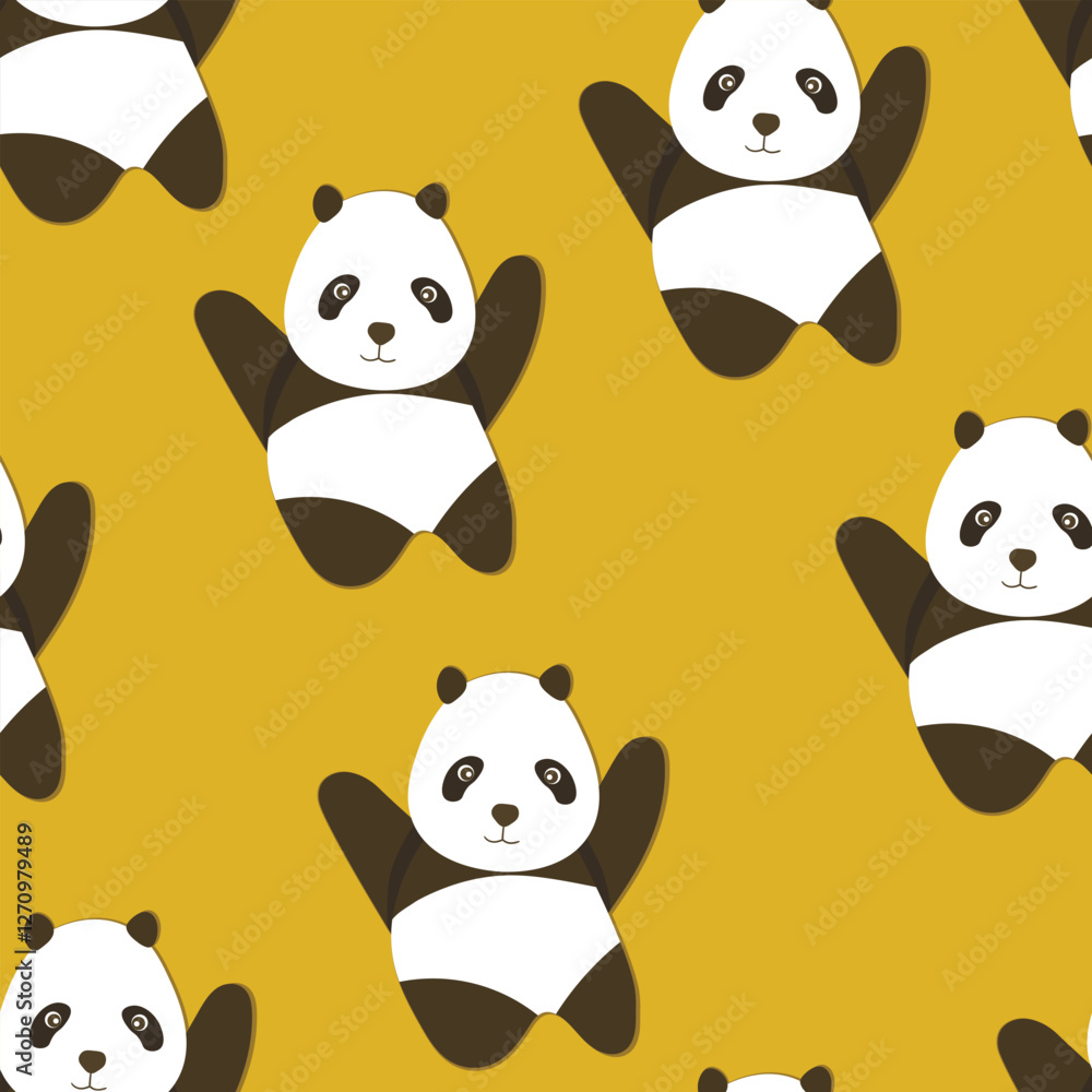 Naklejka premium Seamless pattern with cute panda baby on color background. Funny asian animals. Card, postcards for kids. Flat vector illustration for fabric, textile, wallpaper, poster, gift wrapping paper.