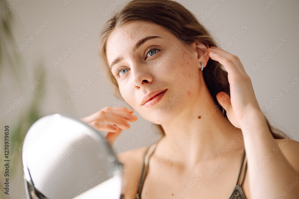 Beautiful woman looking in the mirror, touching her face with her hand, examines acne, pigmentation. Dermatology, cosmetology, skin care. Natural skin Beautiful woman looking in the mirror, touching her face with her hand, examines acne, pigmentation. Dermatology, cosmetology, skin care. Natural skin