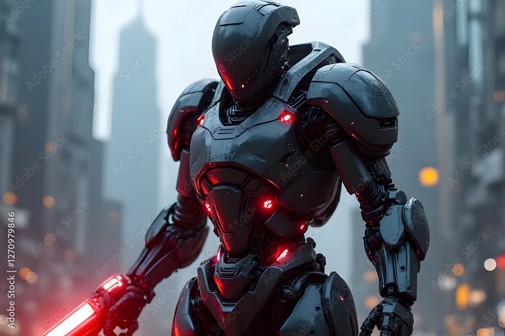 Futuristic Robot Warrior in Neon Cityscape at Dusk Futuristic Robot Warrior in Neon Cityscape at Dusk