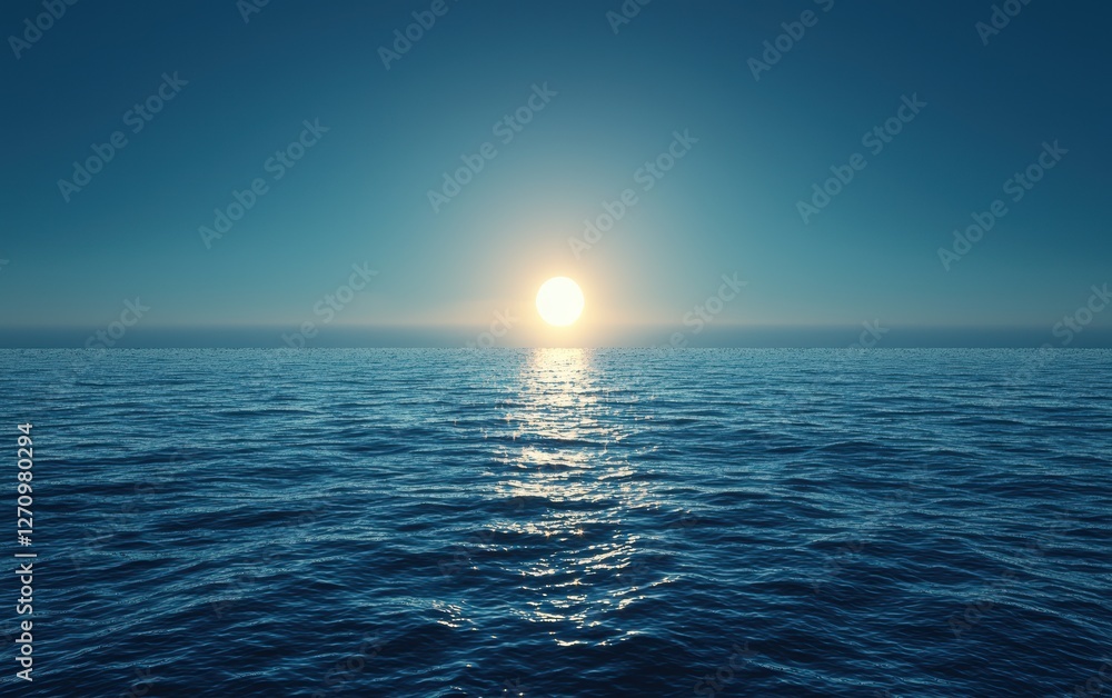 Vast open sea with a glowing sun reflecting on the surface Vast open sea with a glowing sun reflecting on the surface