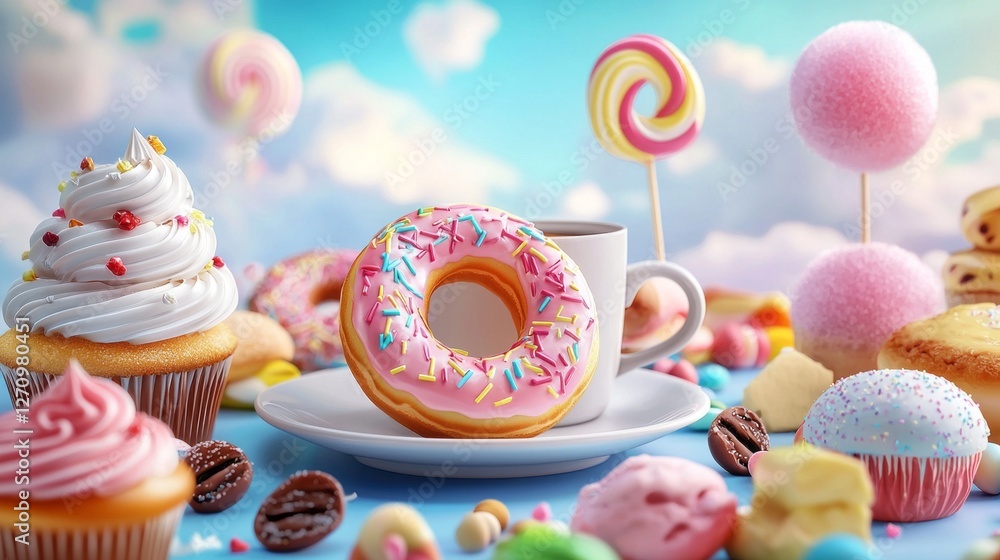 A whimsical collection of desserts like cupcakes, donuts, and candies sits on a cheerful backdrop. Playful colors and shapes evoke nostalgia and sweet dreams, perfect for any child's imagination A whimsical collection of desserts like cupcakes, donuts, and candies sits on a cheerful backdrop. Playful colors and shapes evoke nostalgia and sweet dreams, perfect for any child's imagination