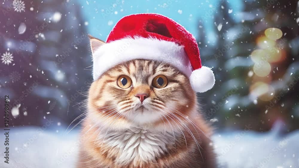 Adorable Fluffy Cat Wearing Santa Hat in Winter Wonderland Adorable Fluffy Cat Wearing Santa Hat in Winter Wonderland